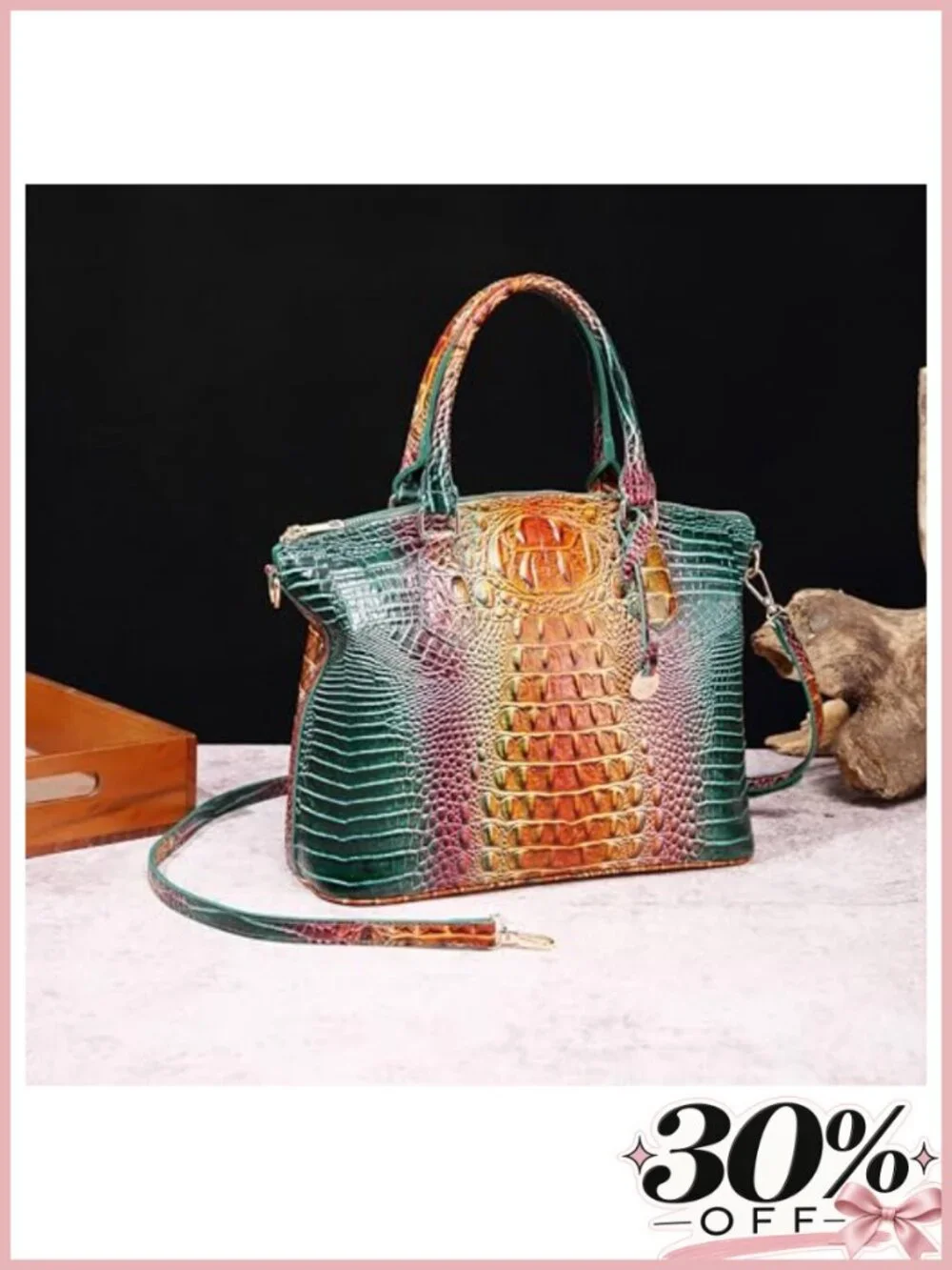 Vegan Leather Crocodile Satchel Handbag with Shoulder Strap